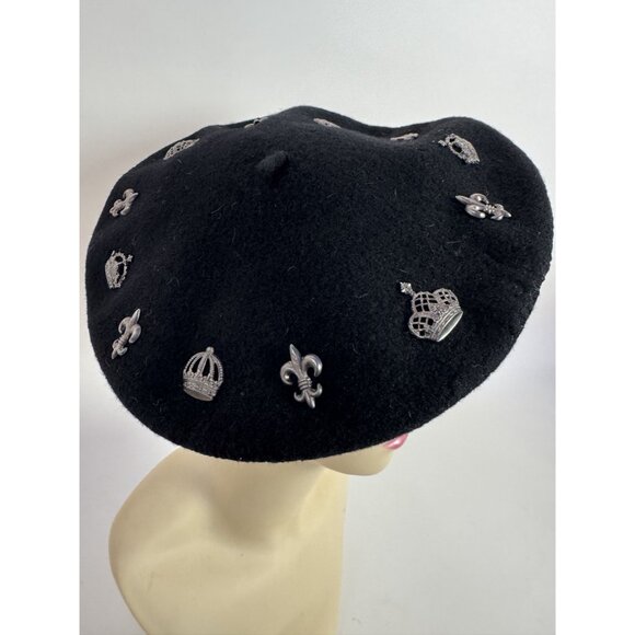 Neiman Marcus Black Wool Beret With Crown & Fleur-De-Lis Pins Made In UK